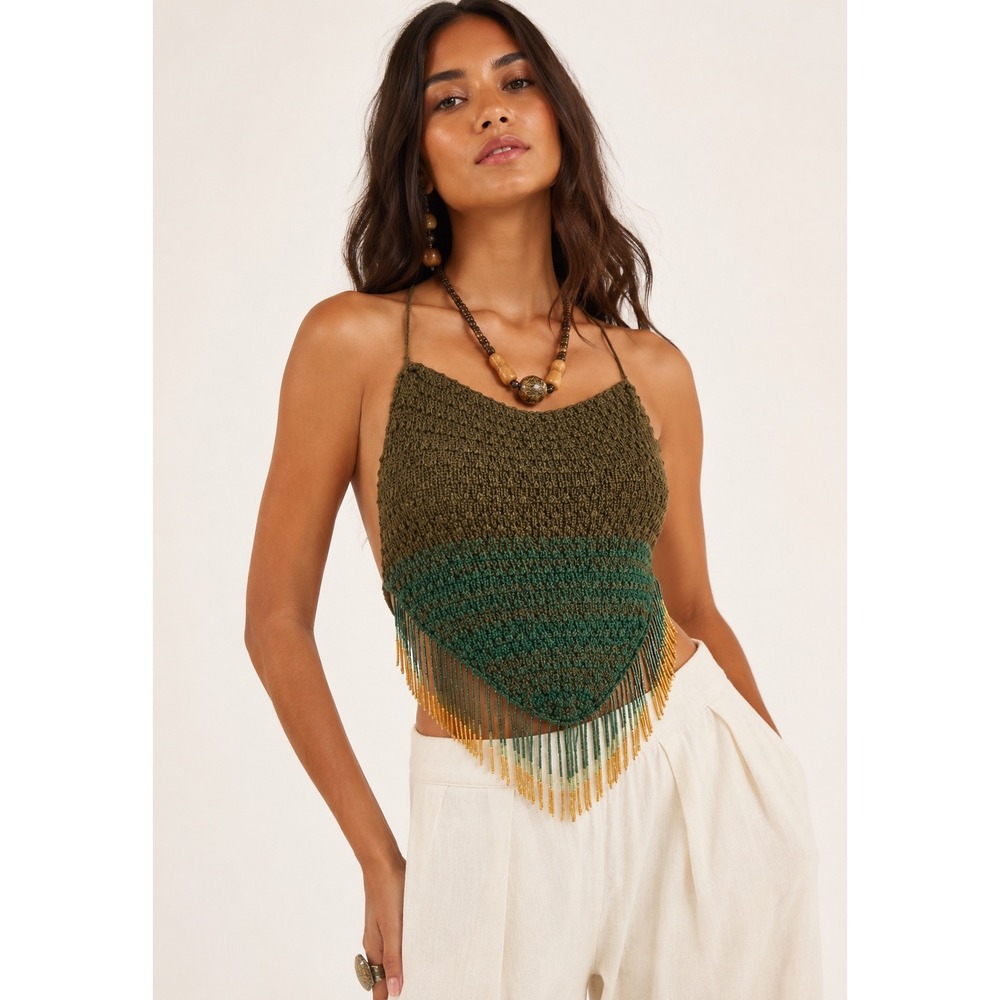 Agua Bendita Fleur Dreamin Green Knit Beaded Fringe Halter Top Large NWT